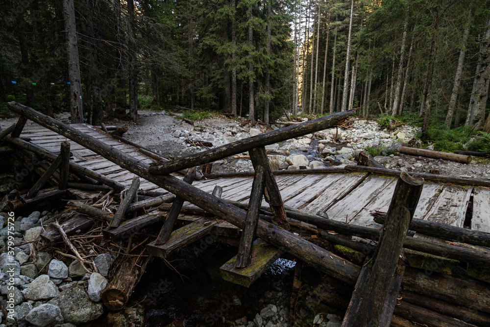 Broken wooden bridge in mountain forest Broken wooden bridge in mountain forest