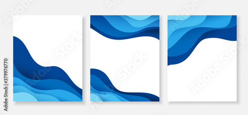 Blue ocean wave flowing curve banner set design poster vector abstract background