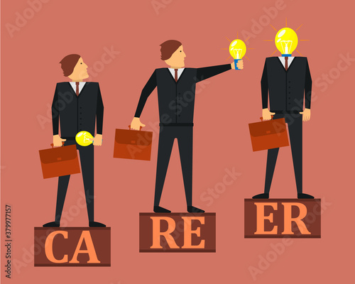 Career stage concept. Success, achievement, motivation business symbol. Оffice worker, employee or businessman with a glowing light bulb. Vector illustration.
