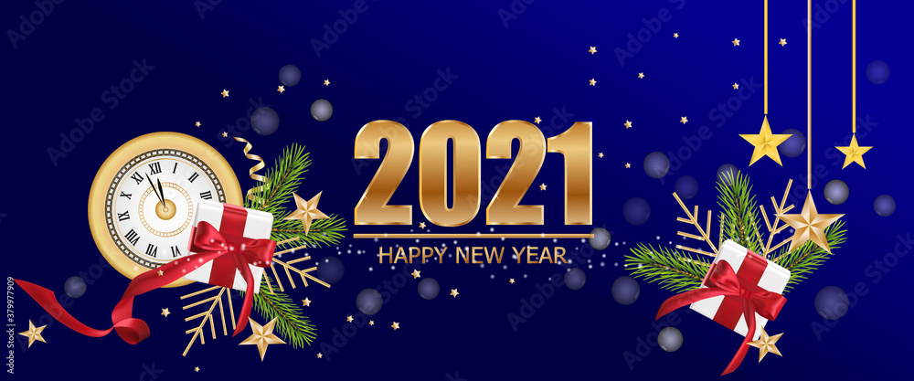Happy New Year 2021, Xmas decorative design elements with gifts box and red tinsel. Horizontal Happy New year and Happy Christmas posters, greeting cards.