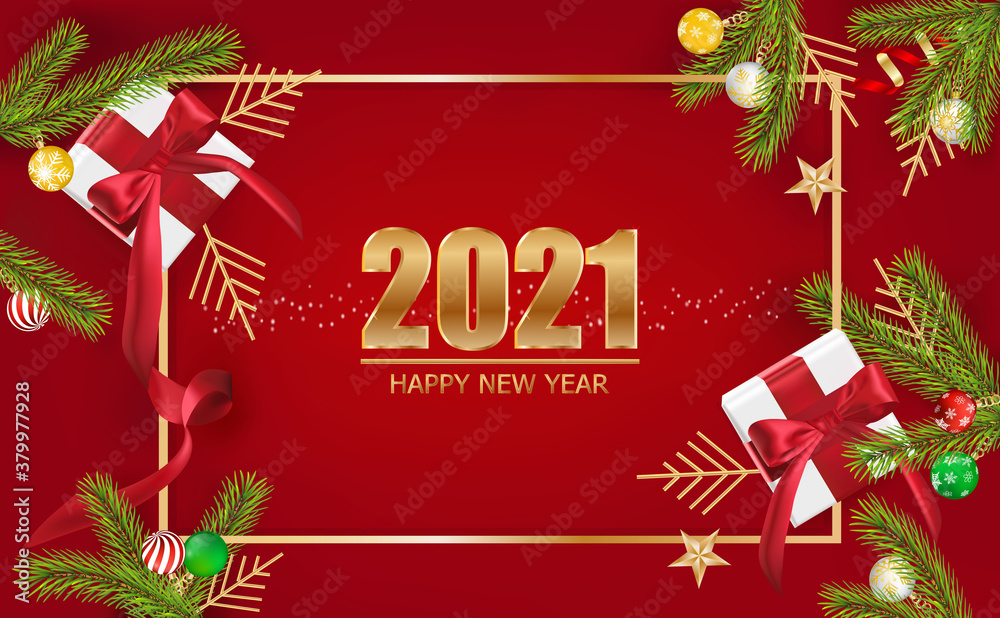 Happy New Year, Xmas decorative design elements with gifts box and red tinsel. Horizontal Christmas posters, greeting cards. Objects viewed from above. Flat lay, Top view