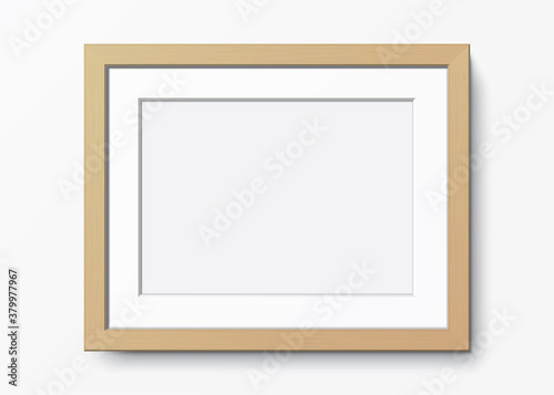Horizontal wooden frame with passepartout hanging on a white wall. Blank elegant frame template. Picture frame vector mockup.