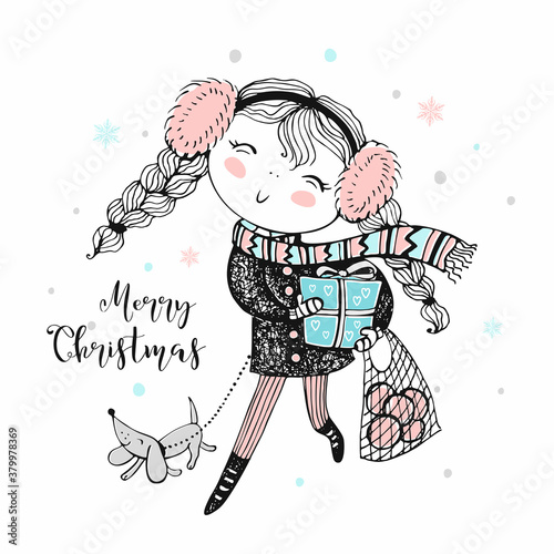 A cute girl is coming with gifts and with a dog home for Christmas. Vector