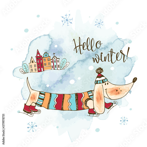 Happy dog Dachshund skates in winter in a knitted sweater and hat.Winter greeting card. Watercolors and graphics. Vector