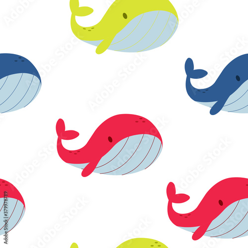 A seamless pattern with colorful whales. nursery wallpaper. Sea world background. photo