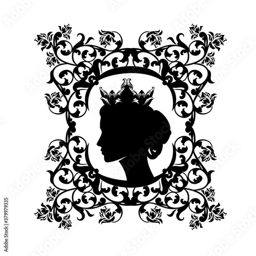 beautiful fairy tale queen profile head - black and white vector silhouette portrait of woman wearing crown among rose flowers decor