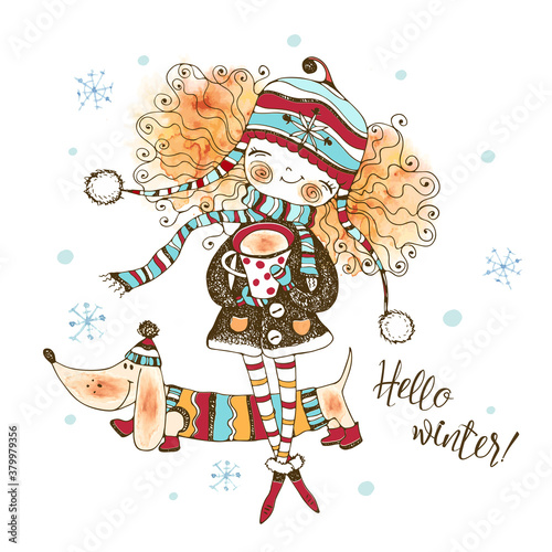 Cute girl in a knitted hat drinking a hot drink outside in winter with her doggie dog Dachshund .Winter fun illustration. Watercolors and graphics. Vector
