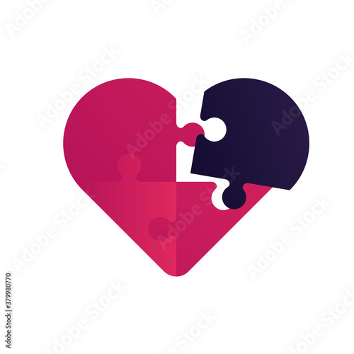 Emotion, relatioship and psychology concept. Vector flat illustration. Red heart silhouette of 4 jigsaw piece isolated on white. Love, bond, support and generosity symbol. Design for banner, logo.
