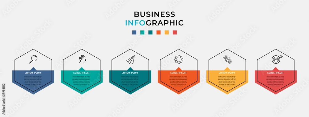 Business Infographic design template Vector with icons and 6 six options or steps. Can be used for process diagram, presentations, workflow layout, banner, flow chart, info graph