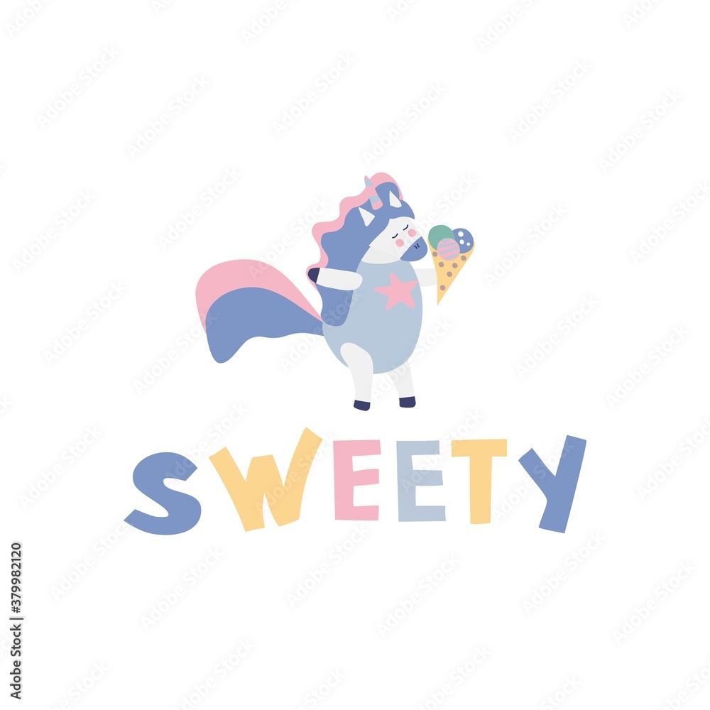 Funny unicorn with ice cream isolated on white background. Inscription Is Sweety. Funny unicorn with ice cream isolated on white background. Inscription Is Sweety.