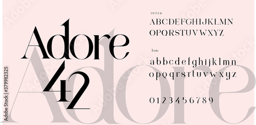 Adore font Set. Lowercase and Uppercase included. Signs and nimerals. Elegant logo and fashion alphabet. photo