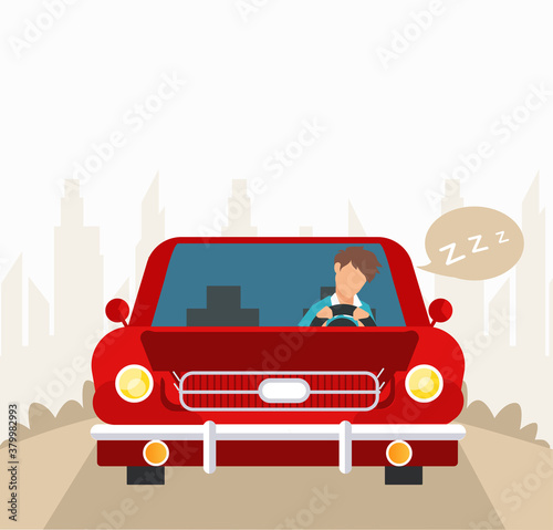 Vector of a tired driver falling asleep while driving his car