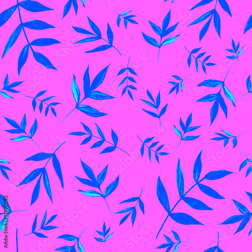 Blue leaves, plants, leaves, bright branches isolated on a pink background. Seamless patterns. Watercolor illustrations