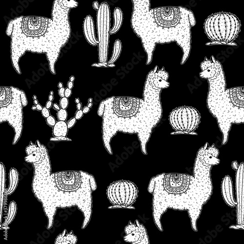 Alpaca seamless pattern. Hand drawn vector illustration. Cute llamas and cactus. Alpaca, llama, cactus background.