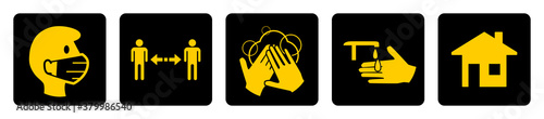 Set of Coronavirus Covid-19 Measure Signs including Wear a Face Mask, Keep Your Distance, Wash Your Hands, Sanitize Your Hands and Stay at Home. Vector Image.