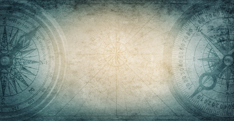 Ancient old compass on the vintage map background. Adventure, discovery, navigation, geography, education, pirate and travel theme concept background. History and geography team. Retro stale.