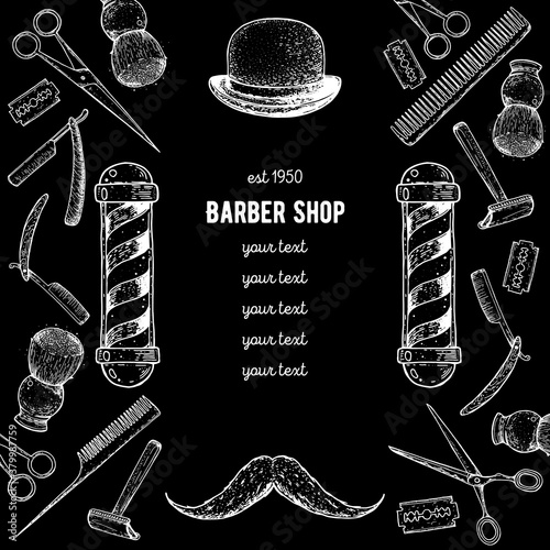 Barber shop hand drawn vector illustration. Engraving label for barbershop. Hand drawn design elements. Hand drawn sketch illustration for barbershop. Accessories for hairdresser
