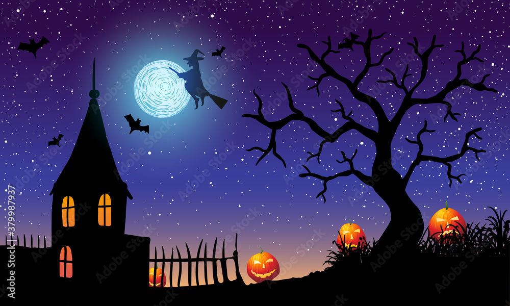 Vector illustration of halloween. Pumpkin Jack on background of the old house, cemetery and full moon.
