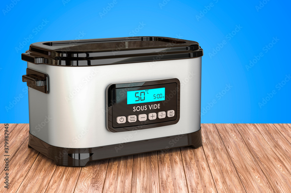 Fototapeta premium Sous vide machine on the wooden table. 3D rendering