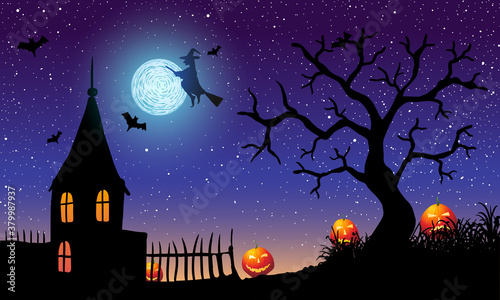Vector illustration of halloween. Pumpkin Jack on background of the old house, cemetery and full moon.