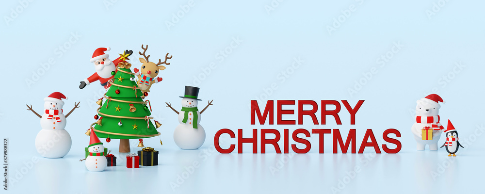 Merry Christmas and Happy New Year, Banner of Christmas celebration with Santa Claus and friends, 3d rendering Merry Christmas and Happy New Year, Banner of Christmas celebration with Santa Claus and friends, 3d rendering