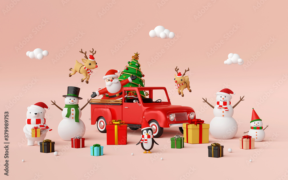 Merry Christmas and Happy New Year, Scene of Christmas celebration with Santa Claus and friends, 3d rendering