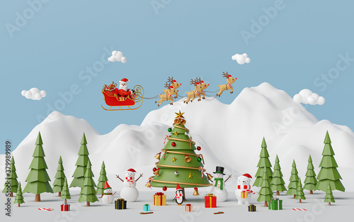 Merry Christmas and Happy New Year  Scene of Christmas celebration with Santa Claus and friend at the snow mountain  3d rendering