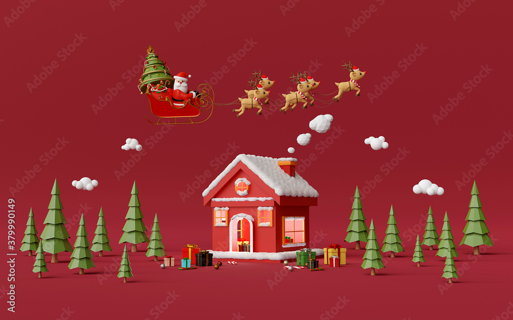 Merry Christmas and Happy New Year, Red house in the pine forest with Santa Claus, 3d rendering