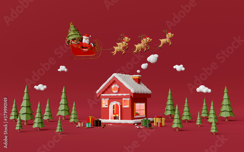 Merry Christmas and Happy New Year, Red house in the pine forest with Santa Claus, 3d rendering