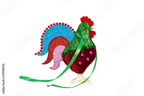 Symbol of the year of the rooster, Christmas toy for the Christmas tree, isolated on the white background.