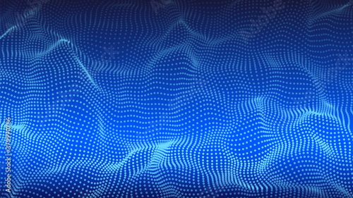 Abstract digital background of glow particles. Color music sound wave. Vector technology dynamic dots background.