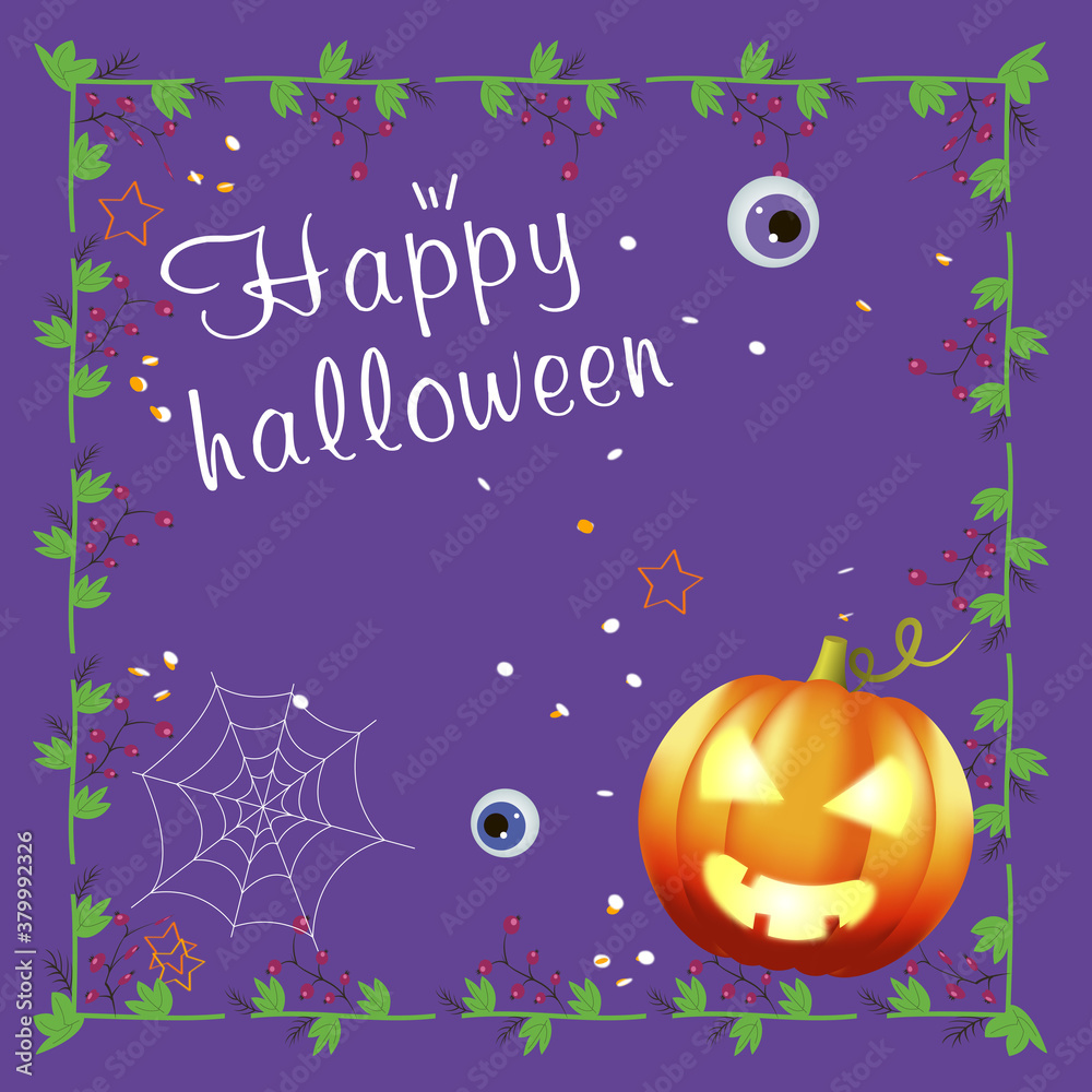 Happy halloween banner postcard with pumpkin, spider web and eyes