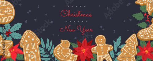 Christmas banner with winter plants and gingerbread cookies, greeting cards. Xmas holiday night party. Vector illustration in modern Scandinavian flat cartoon style, isolated on dark blue background.