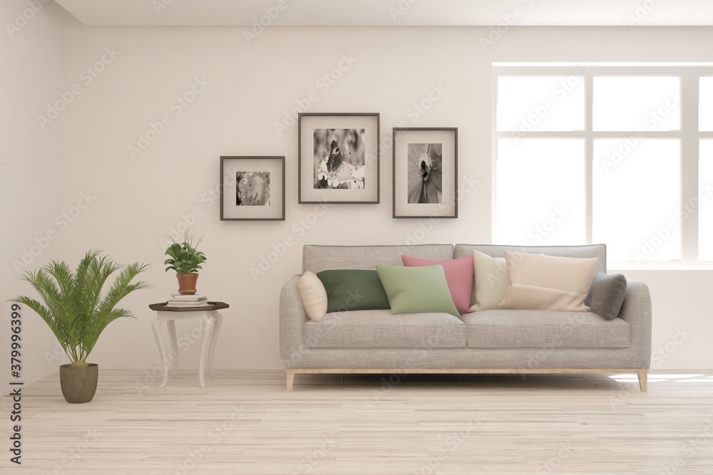 White living room with sofa. Scandinavian interior design. 3D illustration White living room with sofa. Scandinavian interior design. 3D illustration