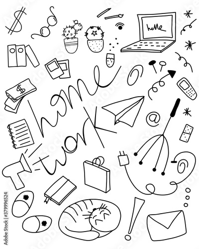 Large set of doodles: home office (folders, bag, notebook, laptop, cat, phone, sneakers, charging, massager, letter, money, photos, glasses, cacti, speaker)