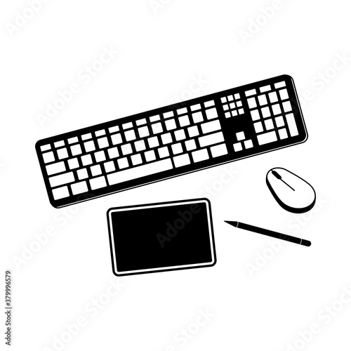 A creative persons desk with multiple devices like tablet, mouse, keyboard in vector
