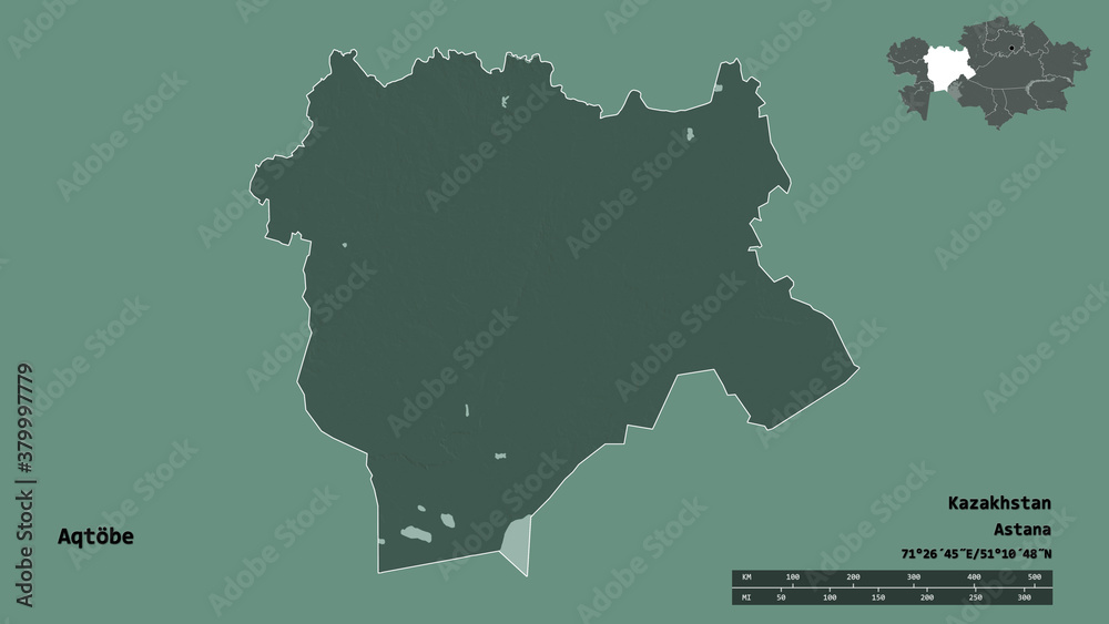 Aqtobe, region of Kazakhstan, zoomed. Administrative