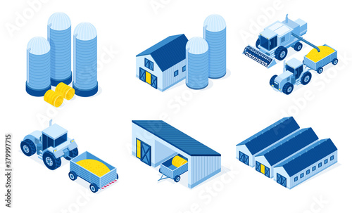 Isometric storehouse, granary and tractor machinery. Warehouse buildings for grain and hay harvest storage, industrial hangars and agricultural vehicles for farming works, 3d vector illustration set