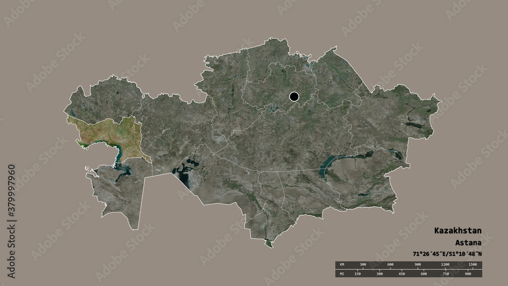 Location of Atyrau, region of Kazakhstan,. Satellite