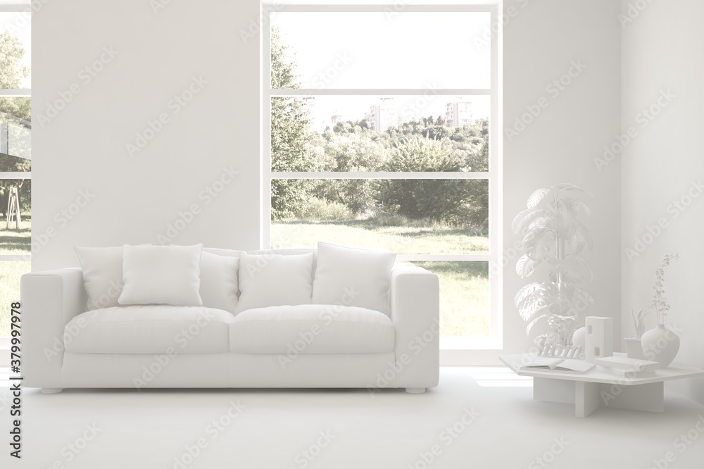 Fototapeta premium White minimalist living room with sofa. Scandinavian interior design. 3D illustration