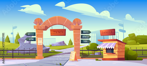 Zoo gates with pointers to wild animal cages monkeys, crocodiles, tigers, grizzly and hyenas. Outdoor park entrance with cashier booth, billboard, fencing and stone pillars Cartoon vector illustration