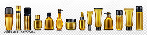 Gold cosmetic bottles, jars and tubes for cream, spray, lotion and beauty products. Vector realistic mockup of blank glass and plastic golden package with black cap isolated on transparent background