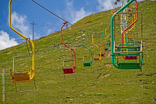 Summer view of the Chair car Gondolas used to move up the Ski Slopes near Mount Elbrus, Caucasus, Russia