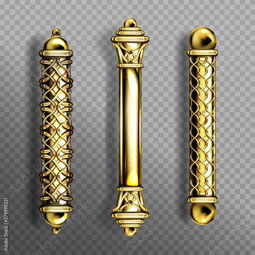 Gold door handles in baroque style, classic ornate luxurious oriental column knobs isolated on transparent background. Vintage golden doorknobs, yellow metal jewelry home decor, Realistic 3d vector