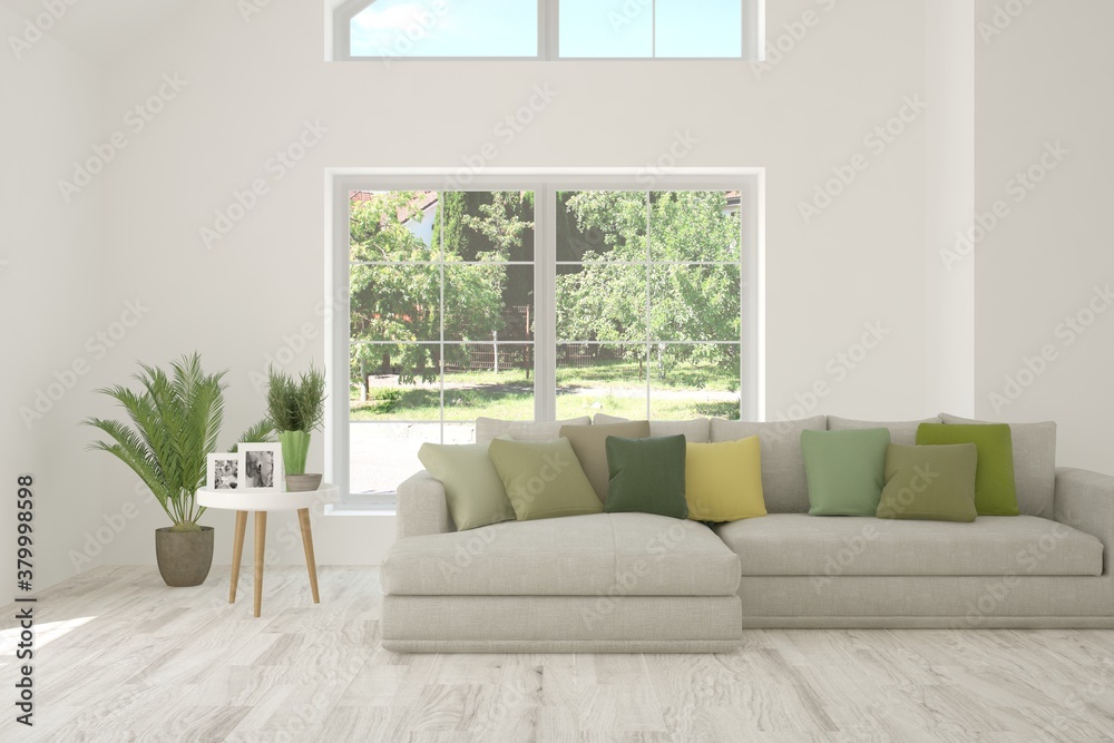 White living room with sofa and summer landscape in window. Scandinavian interior design. 3D illustration