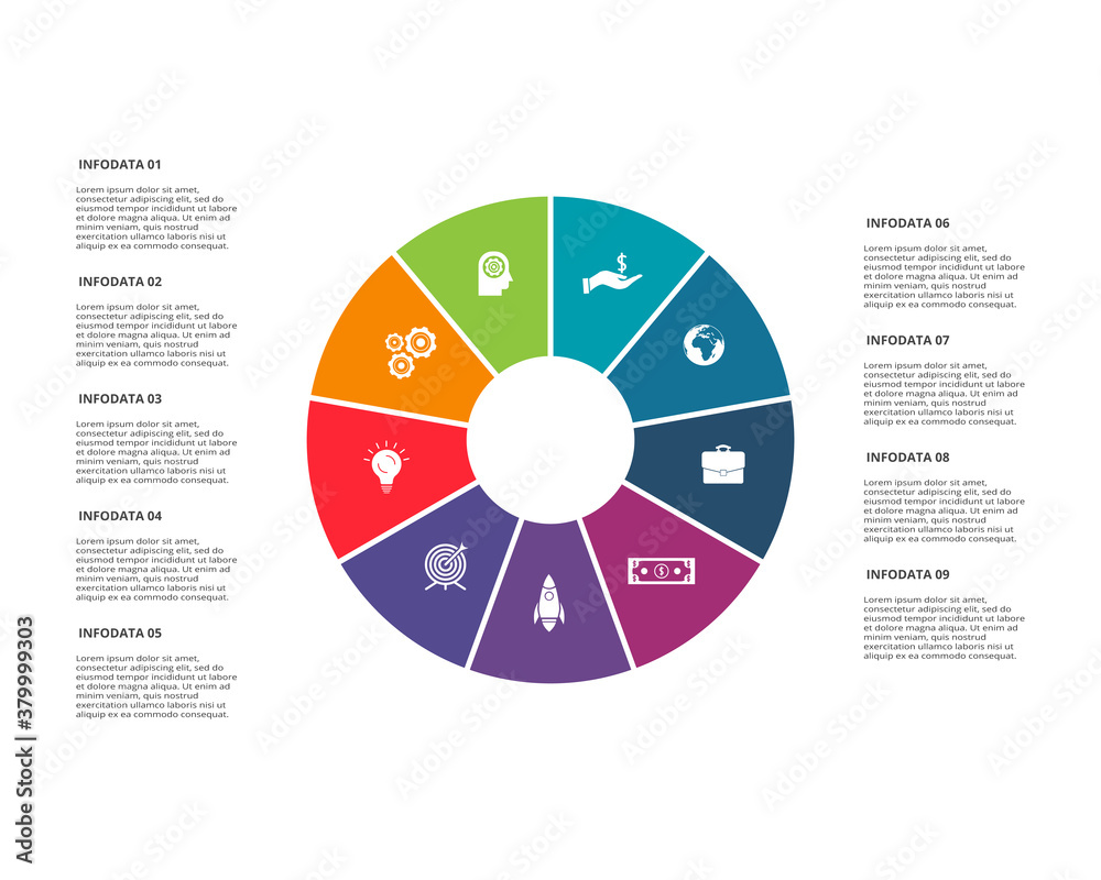 Circle elements of graph, diagram with 9 steps, options, parts or processes. Template for infographic, presentation.