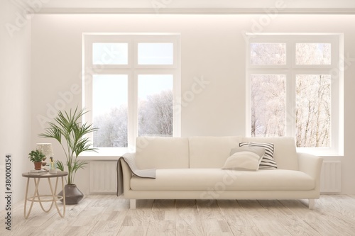 White living room with sofa and winter landscape in window. Scandinavian interior design. 3D illustration