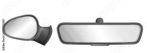 Rear view car mirrors in black frame isolated on white background. Vector realistic set of back and side rearview mirrors for vehicle interior. Automobile or truck equipment for safety driving