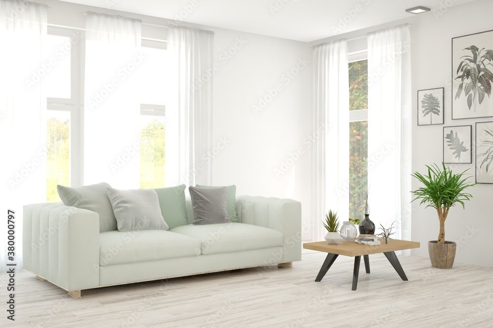 Fototapeta premium White living room with sofa. Scandinavian interior design. 3D illustration