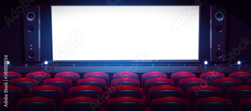 Movie theater, cinema hall with white screen and rows of red seats. Vector cartoon interior of dark cinema auditorium with light blank screen, chair backs, projectors and sound speakers